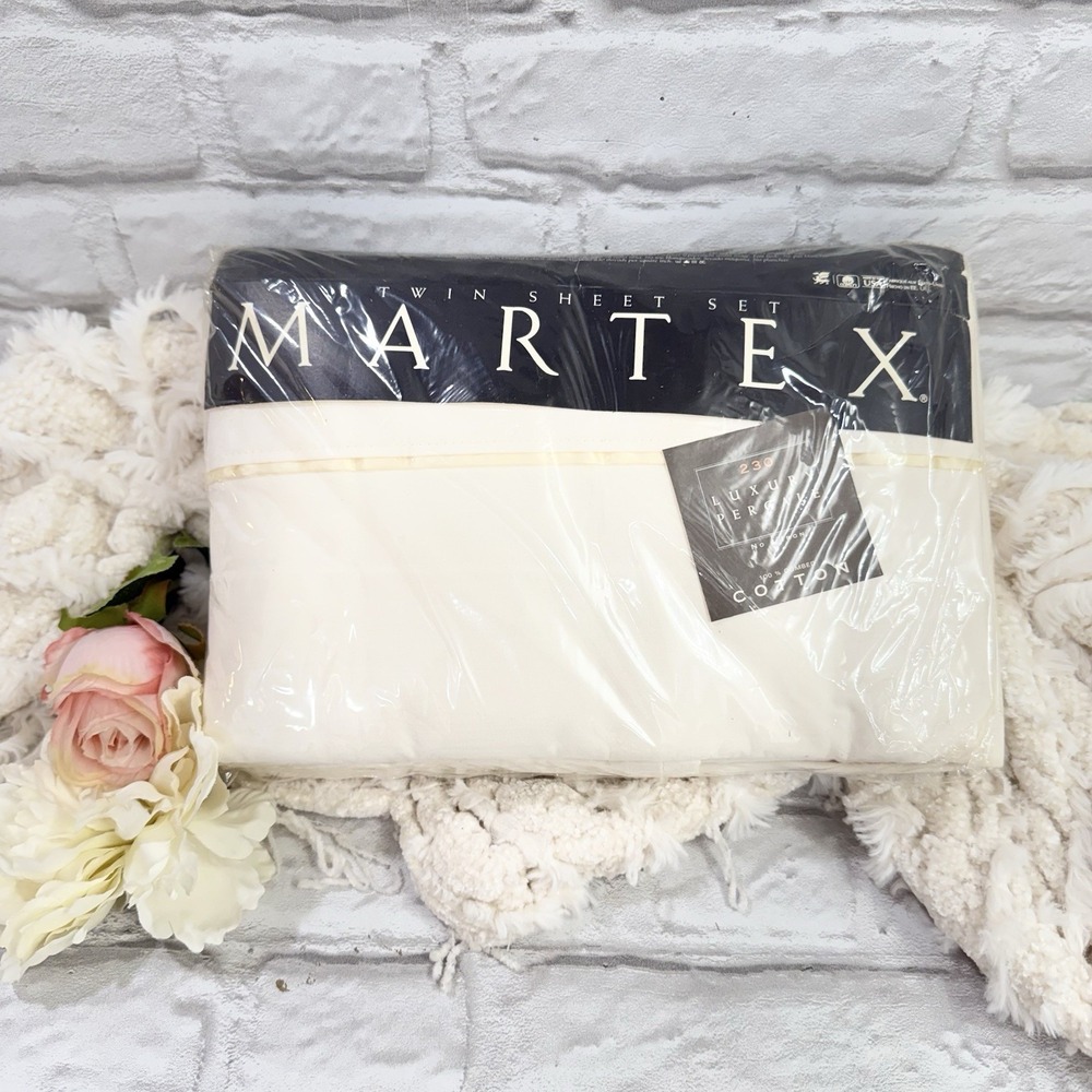 Vtg Martex 230 Luxury Percale Ivory Twin‎ Sheet Set 100% Cotton Satin Accent